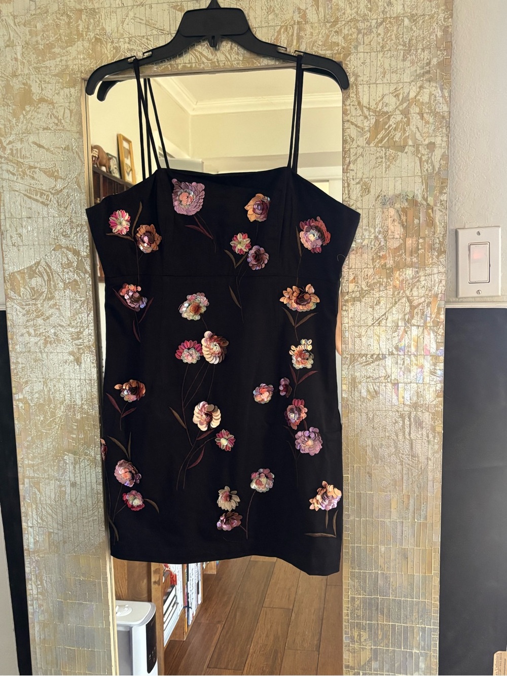 Maeve Black Mini Dress with Pink & Purple Floral sequins